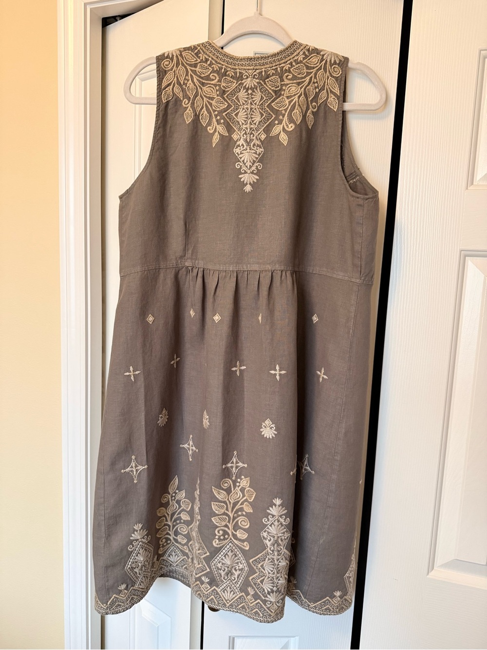 Johnny Was Taupe Embroidered Midi Dress with Cream Stitching - Picture 2 of 3